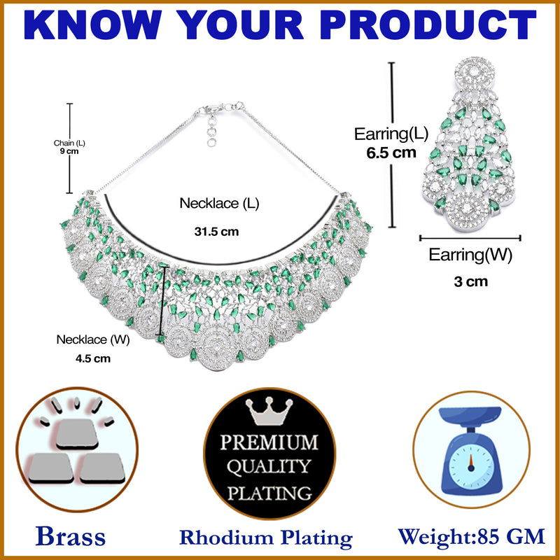 Rhodium-Plated Silver Toned Green American Diamond Choker Necklace with Earrings Jewellery Set
