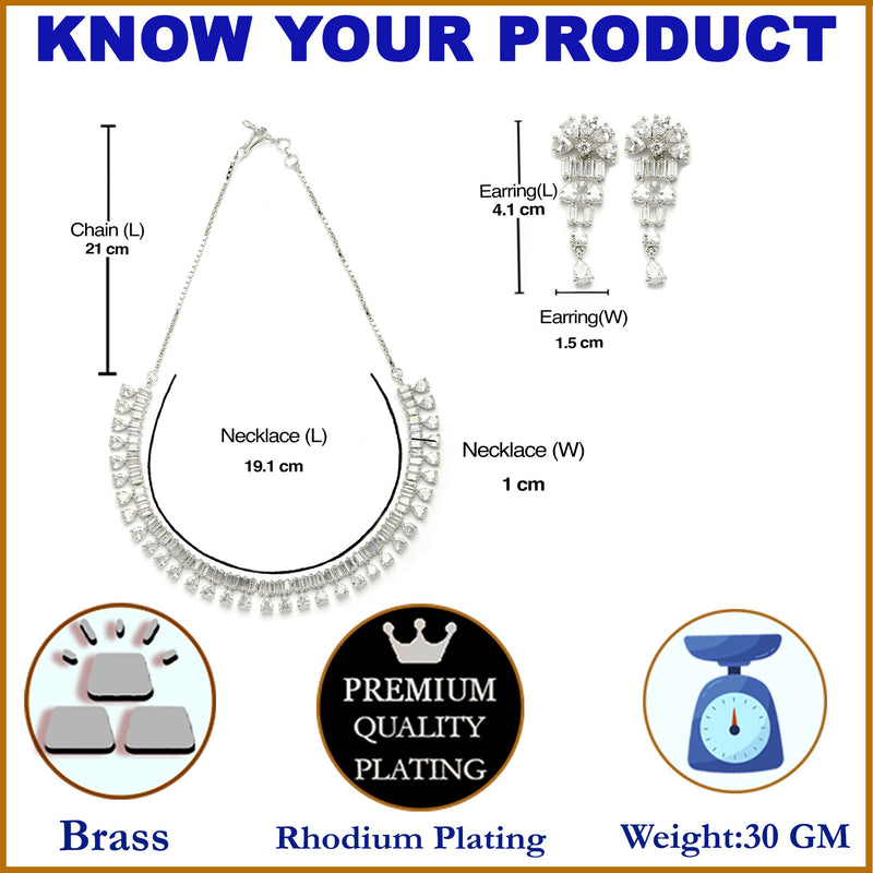 Rhodium-Plated with Silver-Toned White American Diamond Studded Jewellery Set