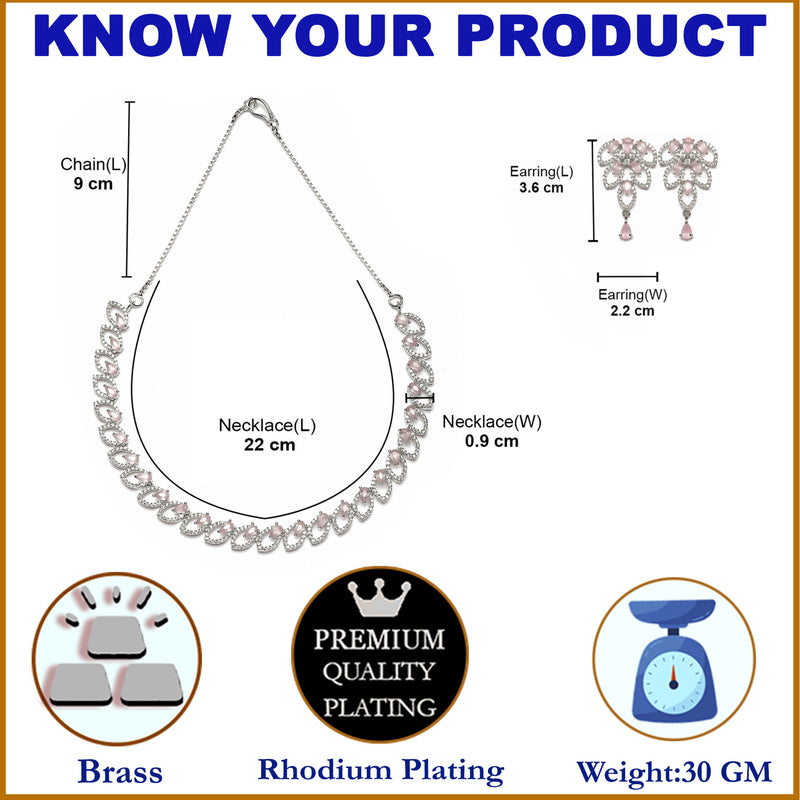 Rhodium-Plated Pink American Diamond Studded Leaf Shaped Necklace with Earrings Jewellery Set