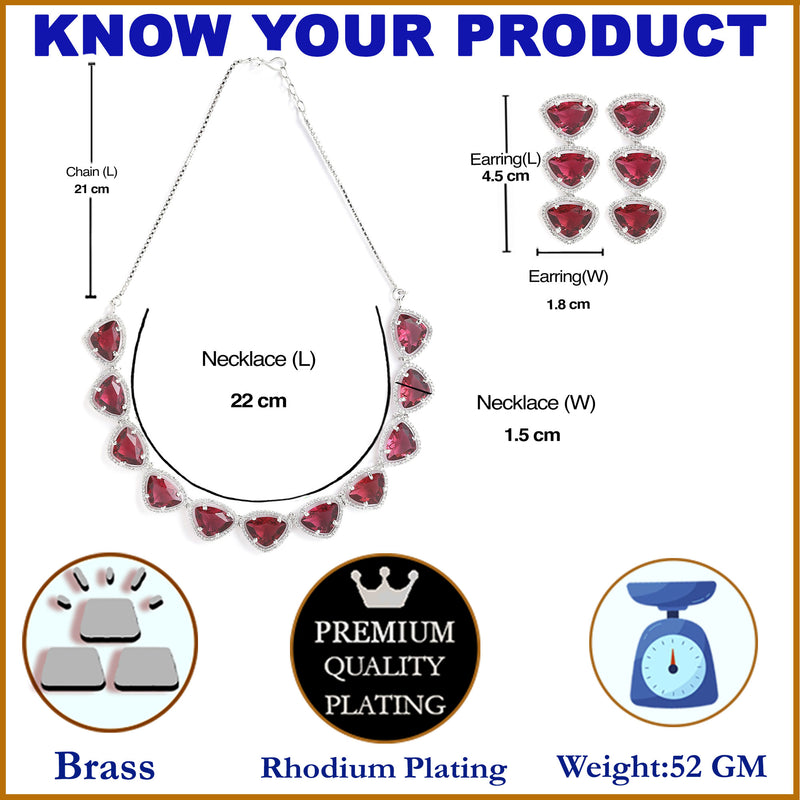 Rhodium-Plated with Silver-Tone Triangular Red & White American Diamond Studded Jewellery Set