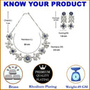 Rhodium-Plated Navy Blue Cubic Zirconia Studded Floral Theme Necklace & Earrings Jewellery Set