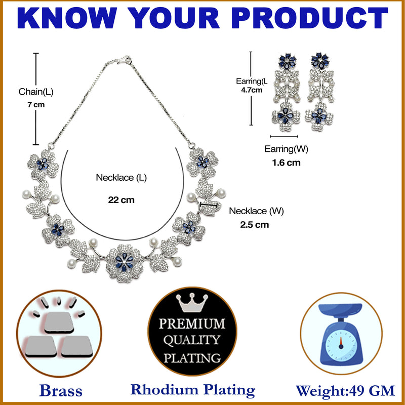 Rhodium-Plated Navy Blue Cubic Zirconia Studded Floral Theme Necklace & Earrings Jewellery Set