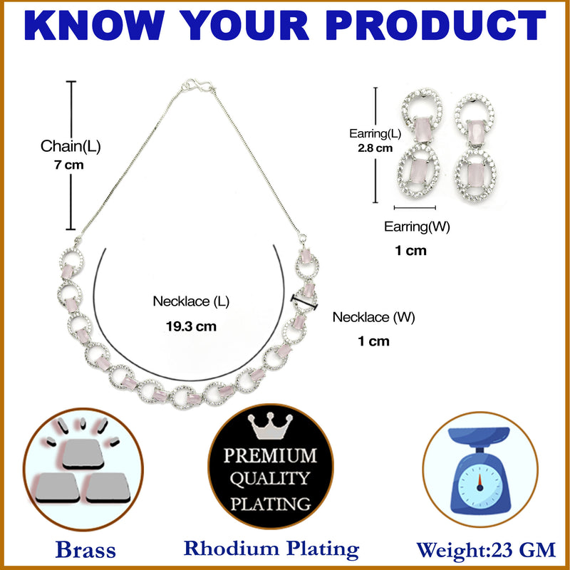 Rhodium-Plated Pink American Diamond Studded Disc-Shaped Necklace & Earrings Jewellery Set
