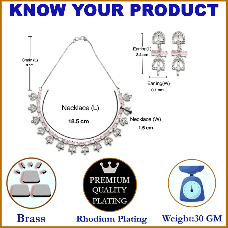 Rhodium-Plated Silver Toned Rectangle Pink American Diamond Studded Necklace Earrings Jewellery Set