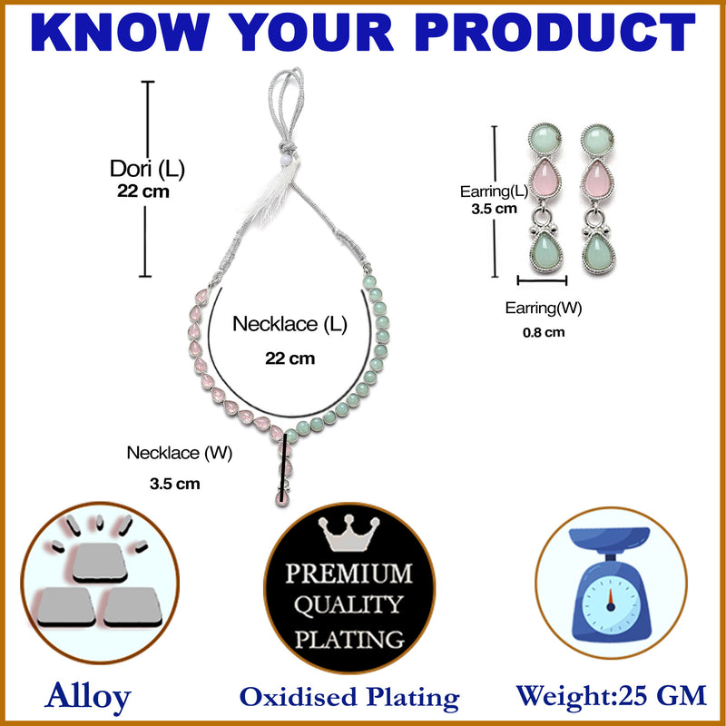 Oxidised Silver-Plated Pink-Lime Green American Diamond Studded Necklace with Earring Jewellery Set