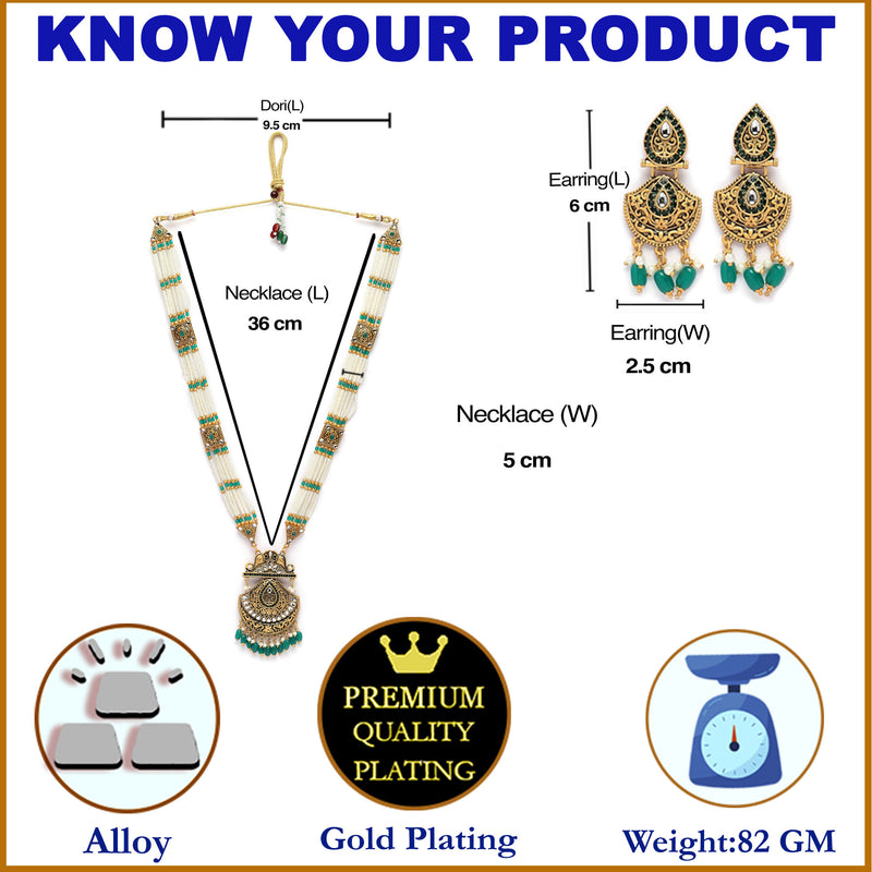 Gold-Plated Cubic Zirconia Studded & Beaded Long Meenakari Necklace with Earrings Jewellery Set