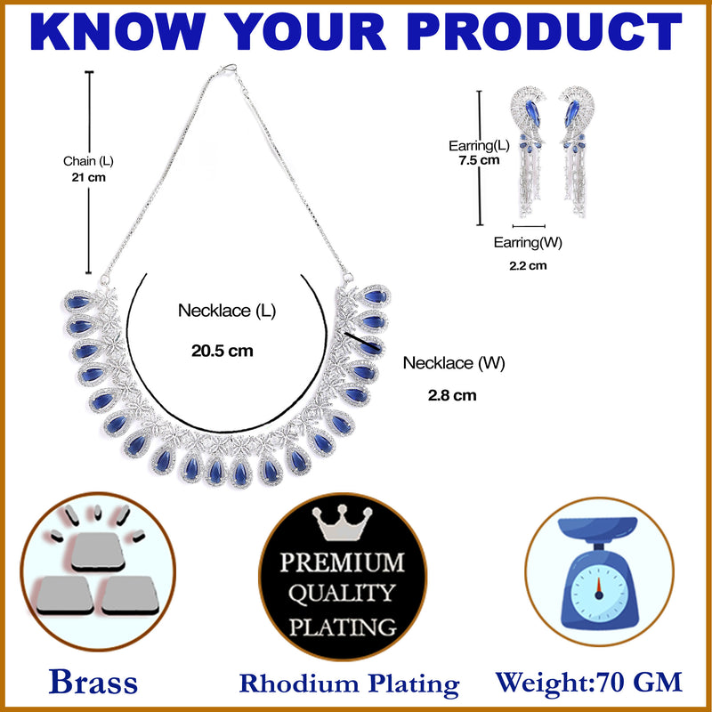 Rhodium-Plated with Silver-Tone Navy Blue American Diamond Studded Crescent Design Jewellery Set