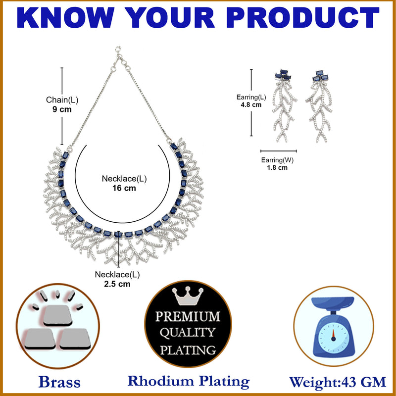 Rhodium-Plated Navy Blue American Diamond Studded Eccentric Design Necklace & Earrings Jewellery Set