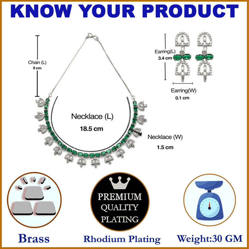 Rhodium-Plated Silver Toned Rectangle Green American Diamond Studded Necklace Earrings Jewellery Set