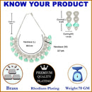 Rhodium-Plated with Silver-Toned Sea Green and White American Diamond Studded Choker Necklace and Drop Earrings Jewellery Set