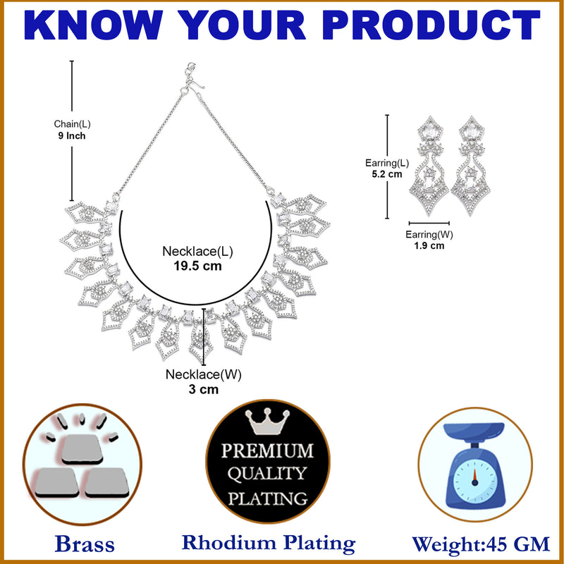 Rhodium-Plated White American Diamond Studded Tempted Necklace & Earrings Jewellery Set