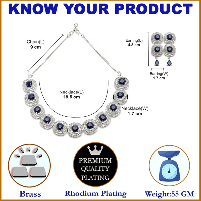 Rhodium-Plated Navy Blue Cubic Zirconia Studded Necklace with Earrings Jewellery Set