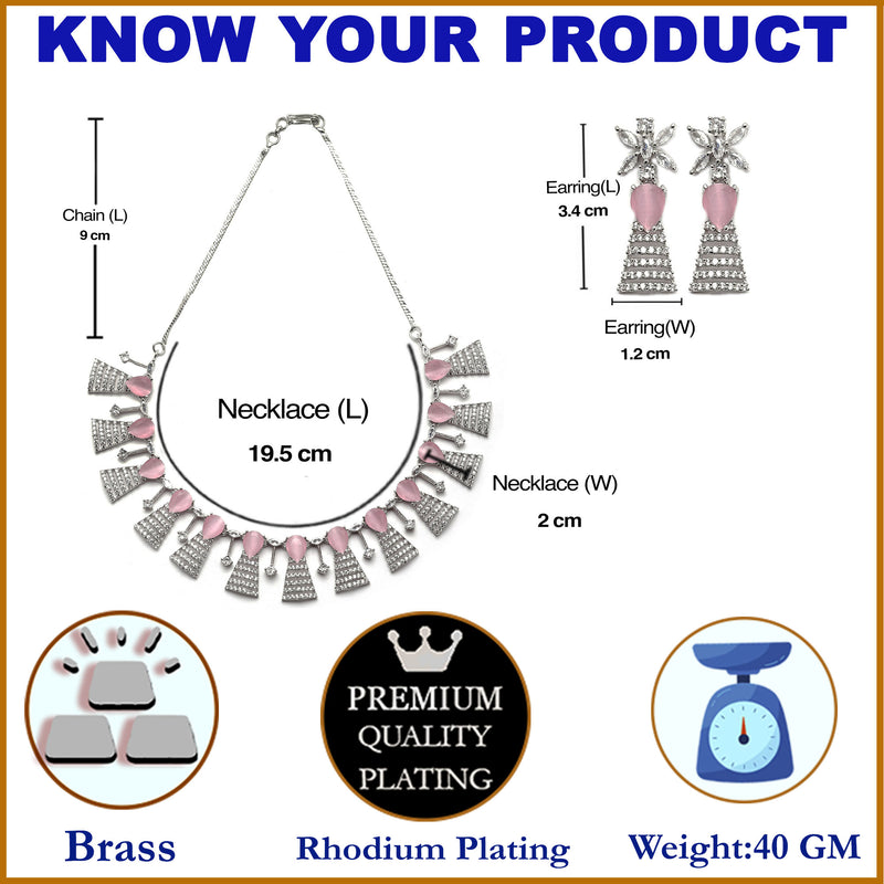 Rhodium-Plated Silver Toned Teardrop Pink American Diamond Studded Necklace Earrings Jewellery Set