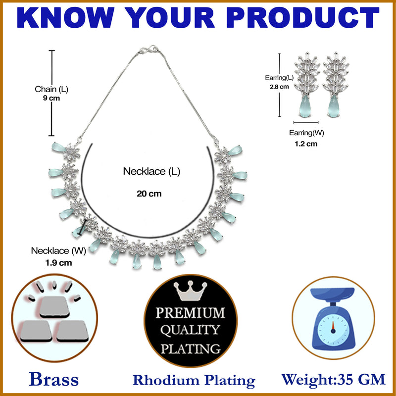 Rhodium-Plated Silver Toned Teardrop Sea Green American Diamond Studded Necklace Earrings Jewellery Set