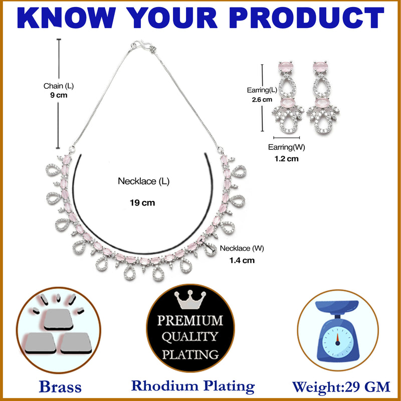 Rhodium-Plated Silver Toned Pink American Diamond Studded Necklace with Earrings Jewellery Set