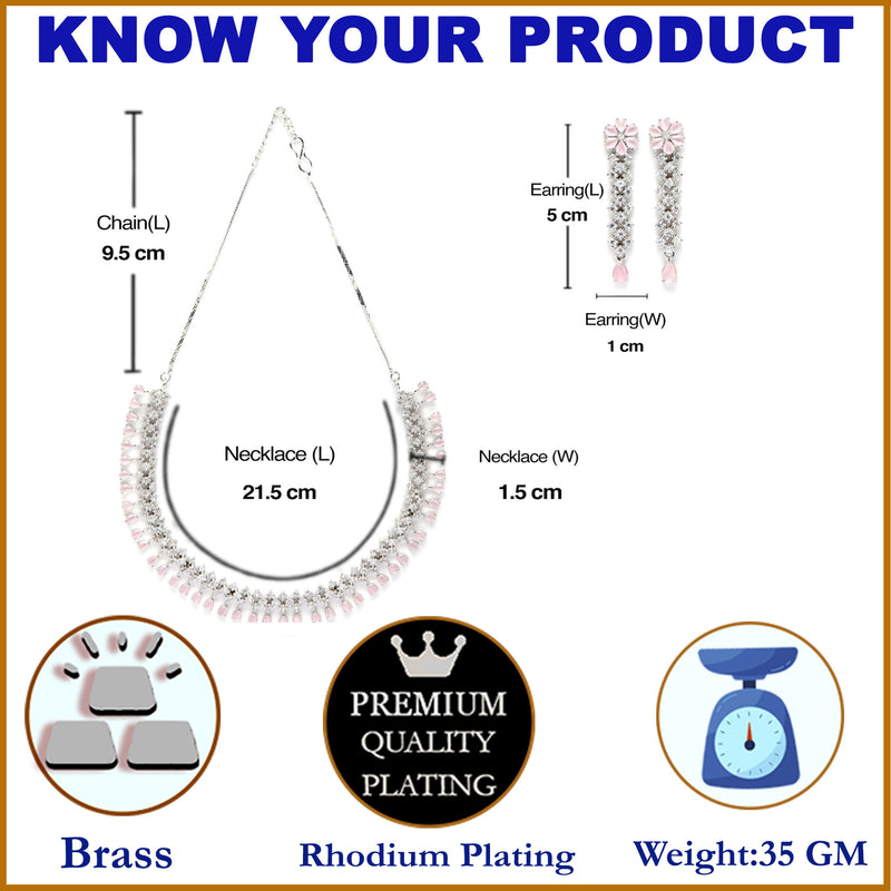 Rhodium-Plated with Silver-Tone Pink American Diamond-Studded Jewellery Set