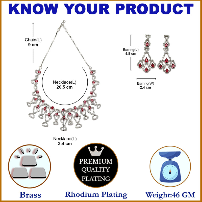 Rhodium-Plated Red American Diamond Studded Quirky Design Necklace with Earrings Jewellery Set