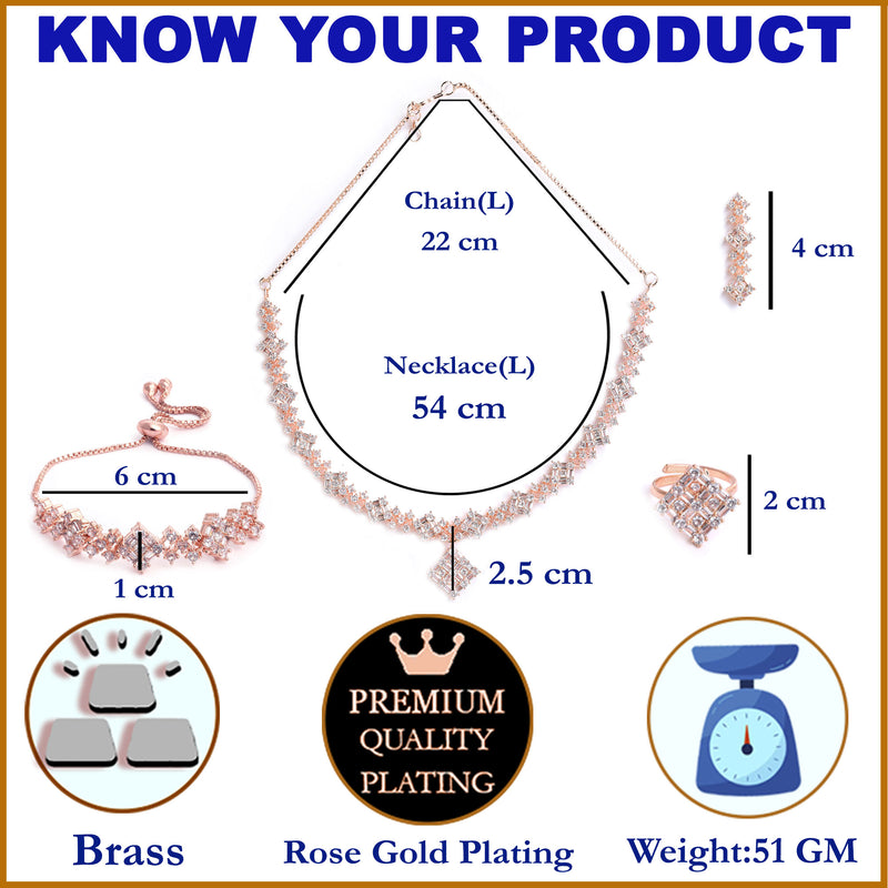 Square Shaped Rose Gold-Plated White American Diamond Studded Jewellery Set Combo