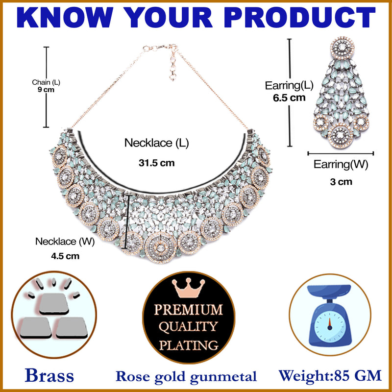 Rose Gold-Plated Gunmetal Toned Sea Green American Diamond Choker Necklace with Earrings Jewellery Set