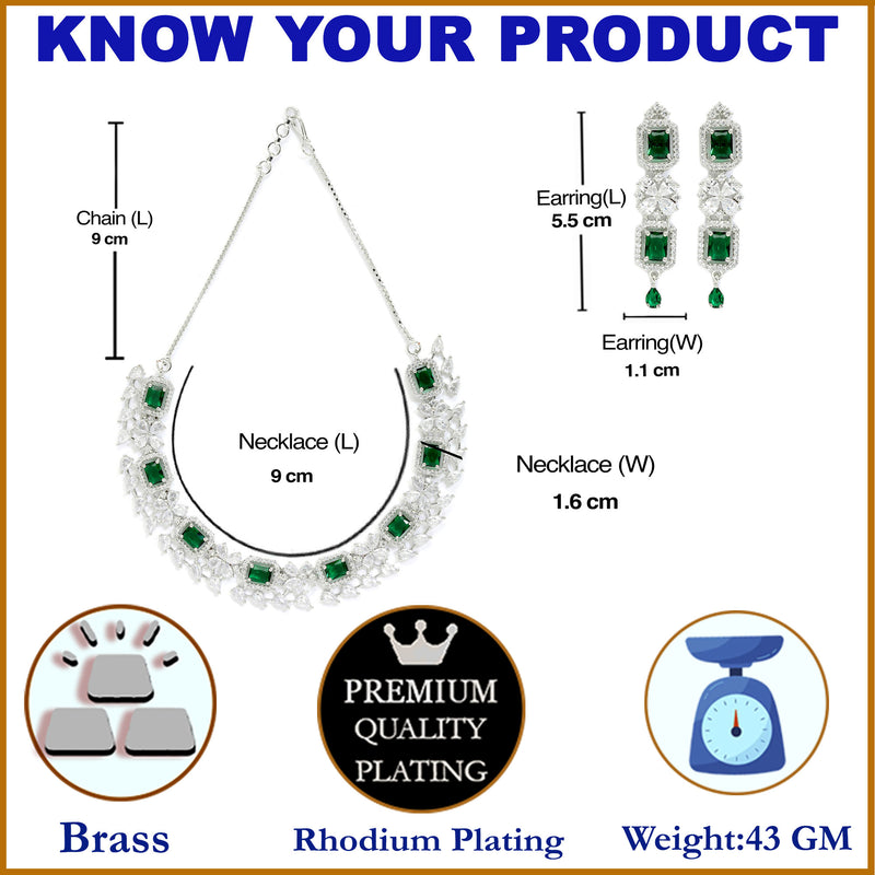 Rhodium-Plated with Silver-Toned Green and White American Diamond Studded Necklace and Earrings Jewellery Set