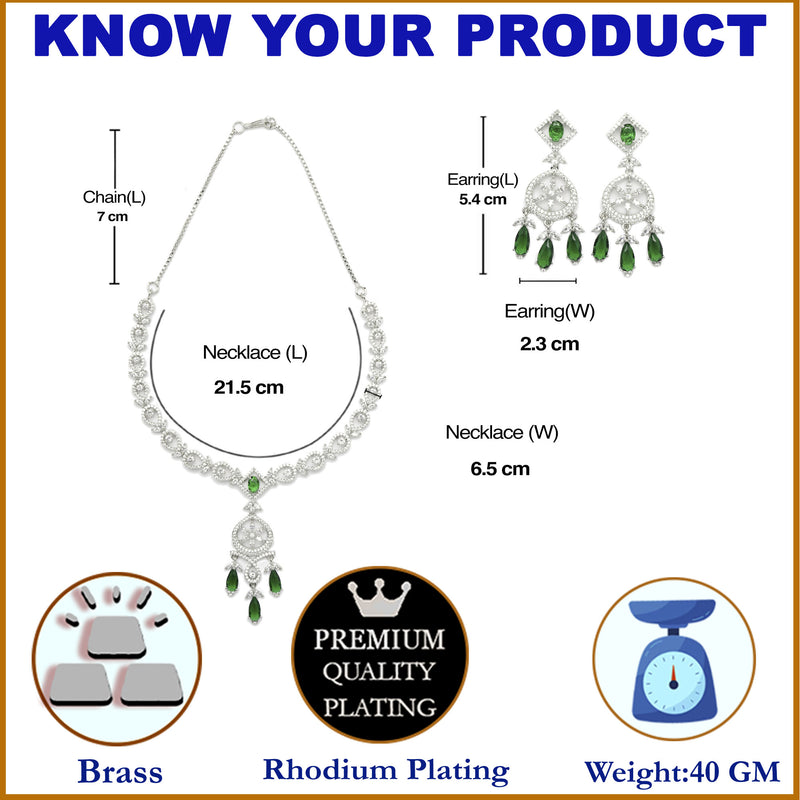 Rhodium-Plated Green Baguette Teardrops American Diamonds Studded Necklace & Earrings Jewellery Set