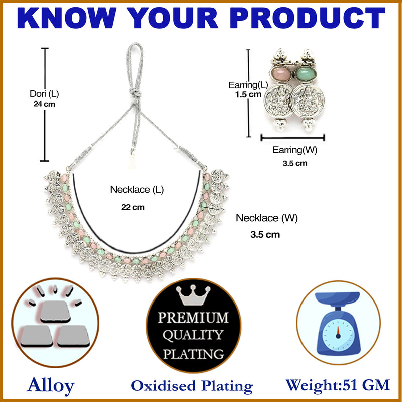 Rhodium-Plated with Oxidised Silver-Plated Pink and Sea Green Artificial Beads Studded & Temple Coin Jewellery Set