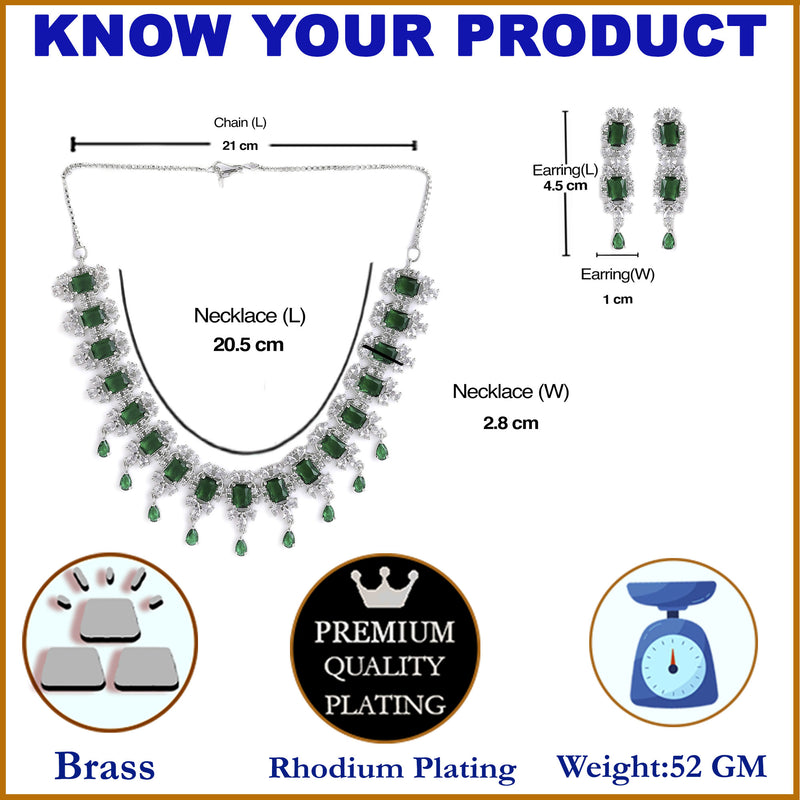 Rhodium-Plated with Silver-Tone & Green American Diamond Stone Studded Jewellery Set