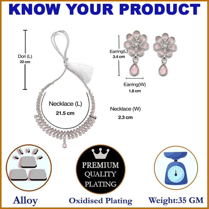 Oxidised Silver-Plated Pear Shaped Pink American Diamond Studded Necklace with Earring Jewellery Set