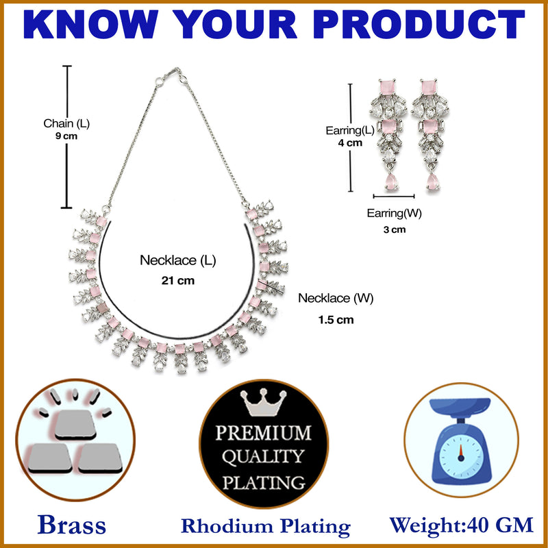 Rhodium-Plated with Silver-Toned Leaf Design Pink and White American Diamond Studded Jewellery Set