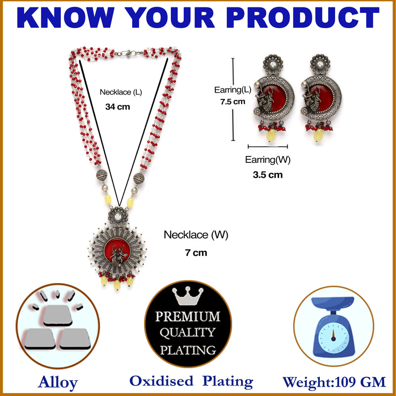 Oxidised Silver-Plated Red Stone Studded & Beaded Antique Matte God Krishna Jewellery Set