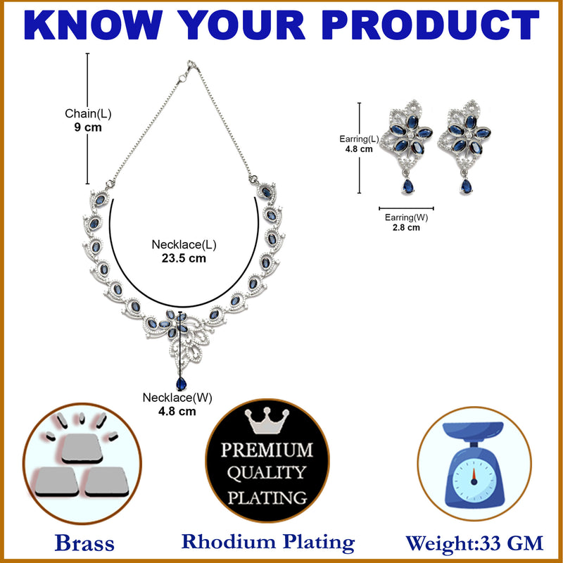 Rhodium-Plated Navy Blue American Diamond Studded Floral & Paisley Shaped Necklace with Earrings Jewellery Set