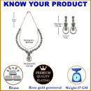 Rose Gold-Plated Gunmetal Toned Sea Green American Diamond Studded Teardrop & Floral Jewellery Set