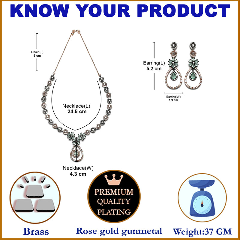 Rose Gold-Plated Gunmetal Toned Sea Green American Diamond Studded Teardrop & Floral Jewellery Set