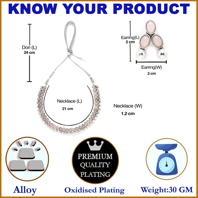 Rhodium-Plated with Oxidized Silver-Toned Pink Cubic Zirconia Stone Studded & White Pearl Beaded Necklace and Earrings Jewellery Set