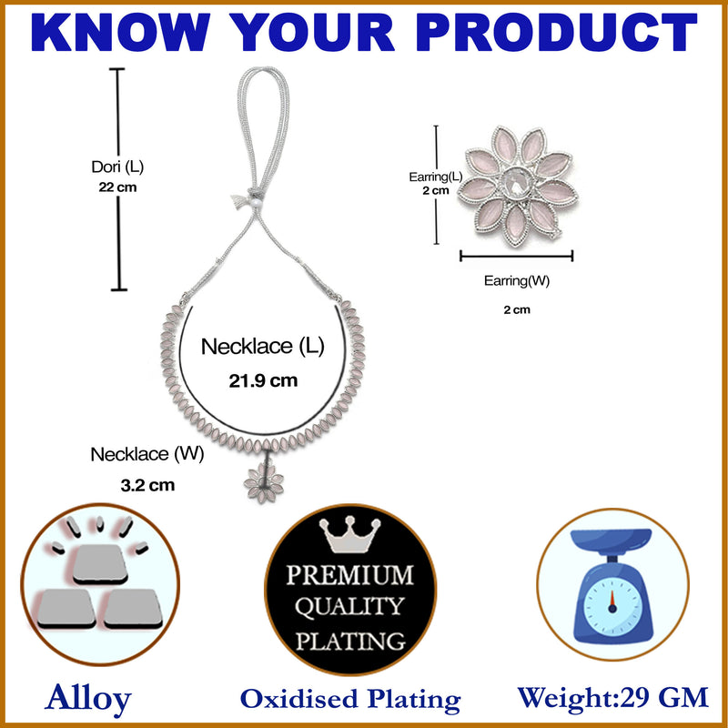 Oxidised Silver-Plated Flower & Leaf Pink American Diamond Studded Necklace Earrings Jewellery Set