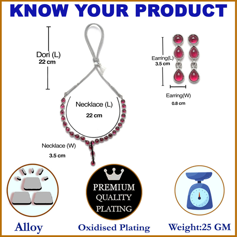 Oxidised Silver-Plated Red American Diamond Studded Necklace with Earrings Jewellery Set