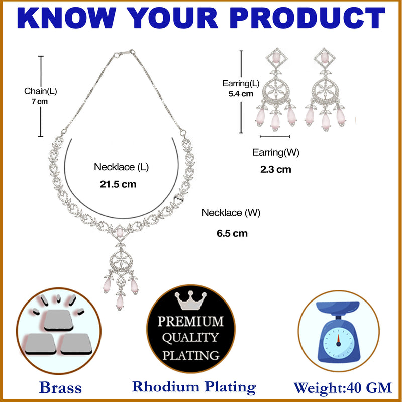 Rhodium-Plated Pink Baguette Teardrops American Diamonds Studded Necklace & Earrings Jewellery Set