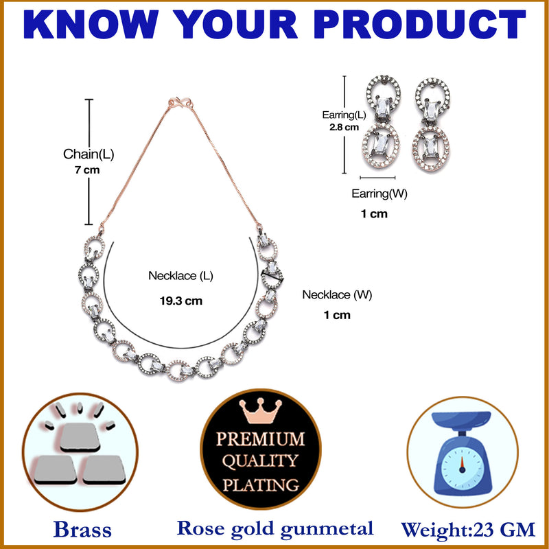 Rose Gold-Plated Gunmetal Toned White American Diamond Studded Disc-Shaped Necklace & Earrings Jewellery Set