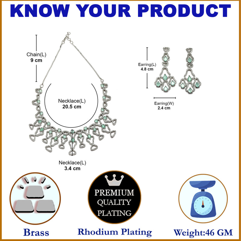 Rhodium-Plated Sea Green American Diamond Studded Quirky Design Necklace with Earrings Jewellery Set