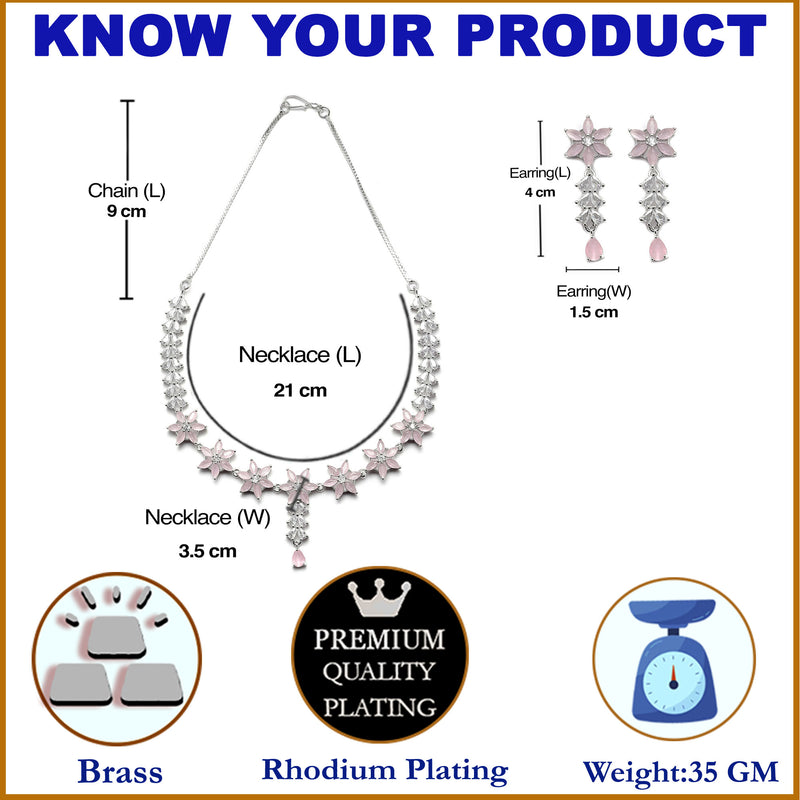 Rhodium-Plated Silver Toned Star Pink American Diamond Studded Necklace Earrings Jewellery Set