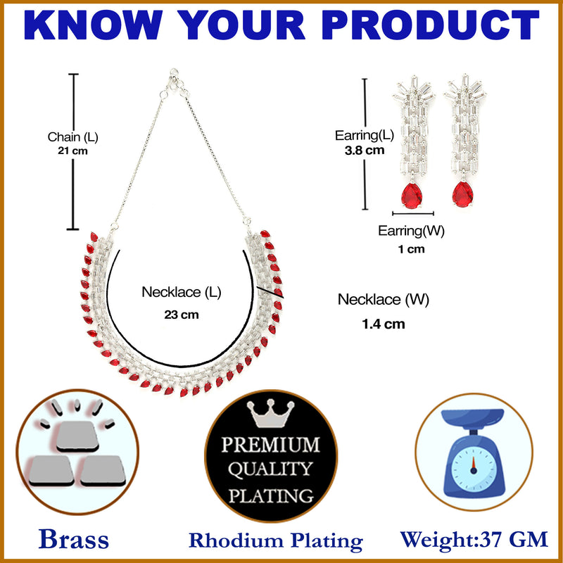 Rhodium-Plated with Silver-Toned Red and White American Diamond Studded Necklace & Earrings Jewellery Set