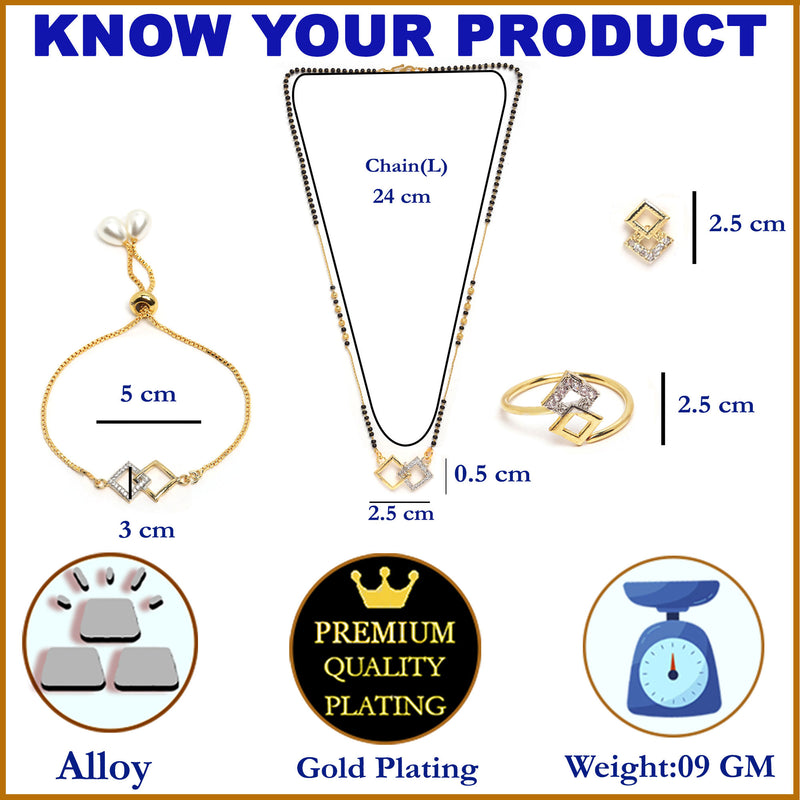 Square Shaped Gold-Plated & White AD-Studded & Beaded Mangalsutra Set