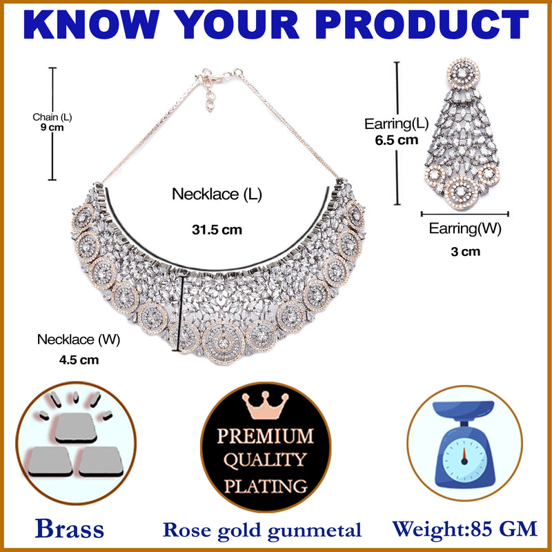 Rose Gold-Plated Gunmetal Toned White American Diamond Choker Necklace with Earrings Jewellery Set