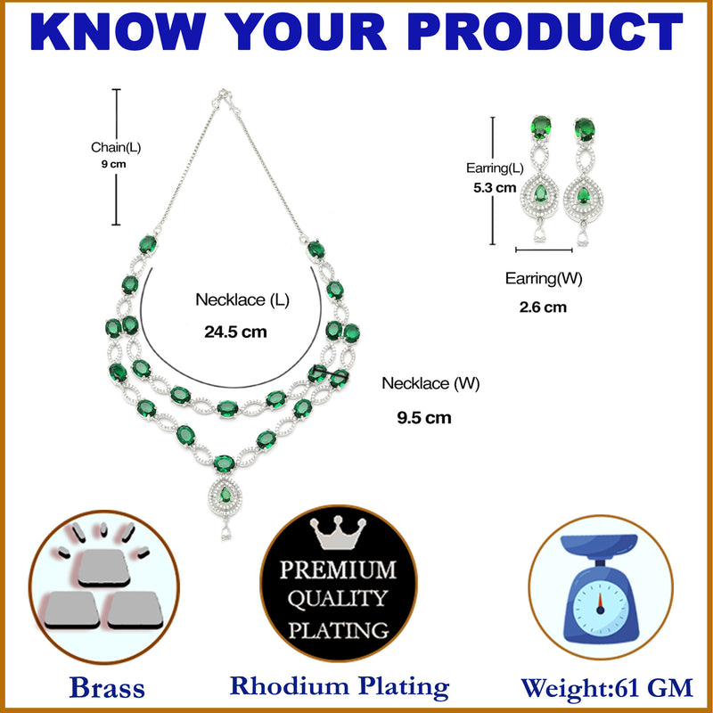 Rhodium-Plated Green American Diamond Studded Abstract Necklace & Earrings Jewellery Set