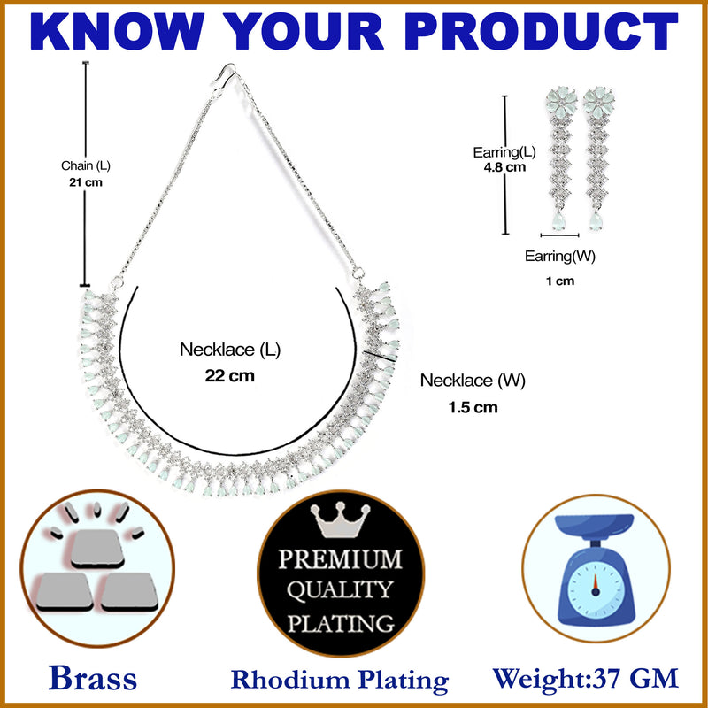 Rhodium-Plated with Silver-Tone Sea Green American Diamond-Studded Flower Design Jewellery Set