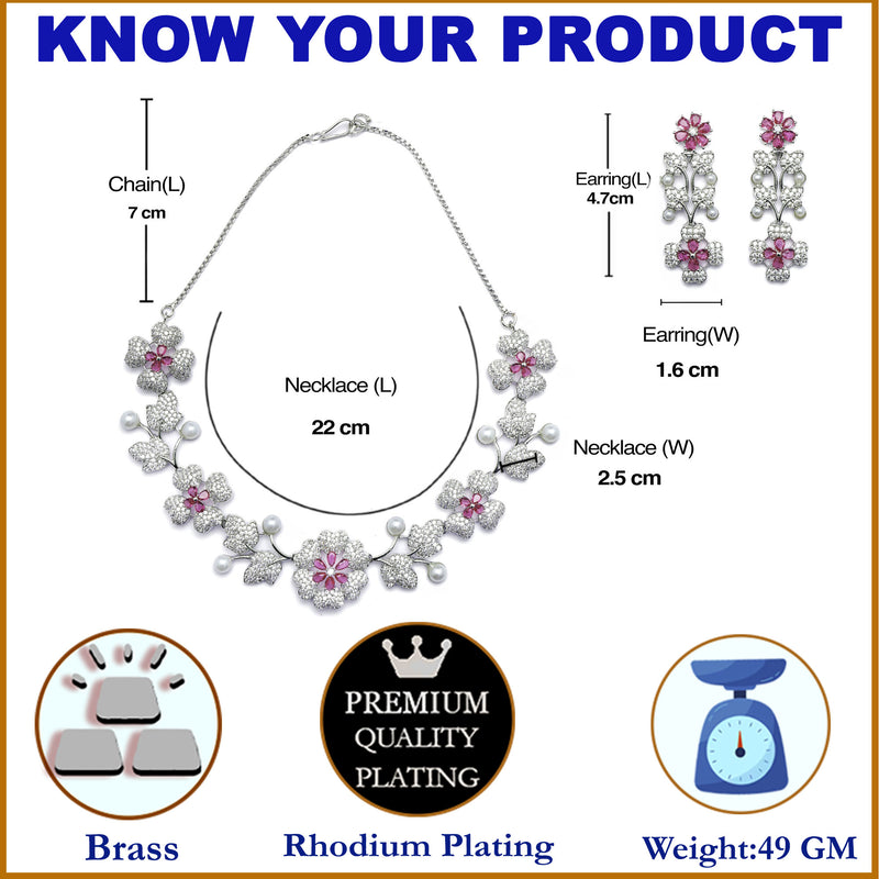 Rhodium-Plated Red Cubic Zirconia Studded Floral Theme Necklace & Earrings Jewellery Set