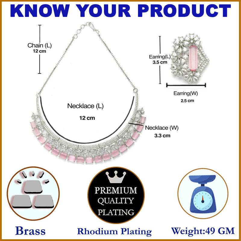 Rhodium-Plated with Silver-Toned White and Pink American Diamond Studded Jewellery Set