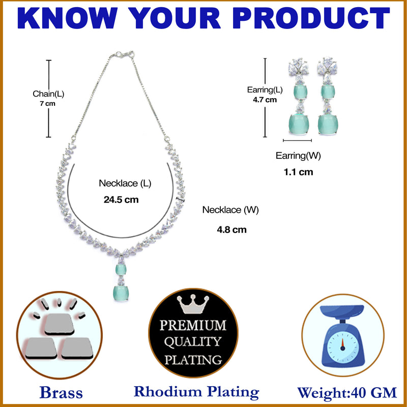 Rhodium-Plated Sea Green Square American Diamonds Studded Pendulous Necklace & Earrings Jewellery Set