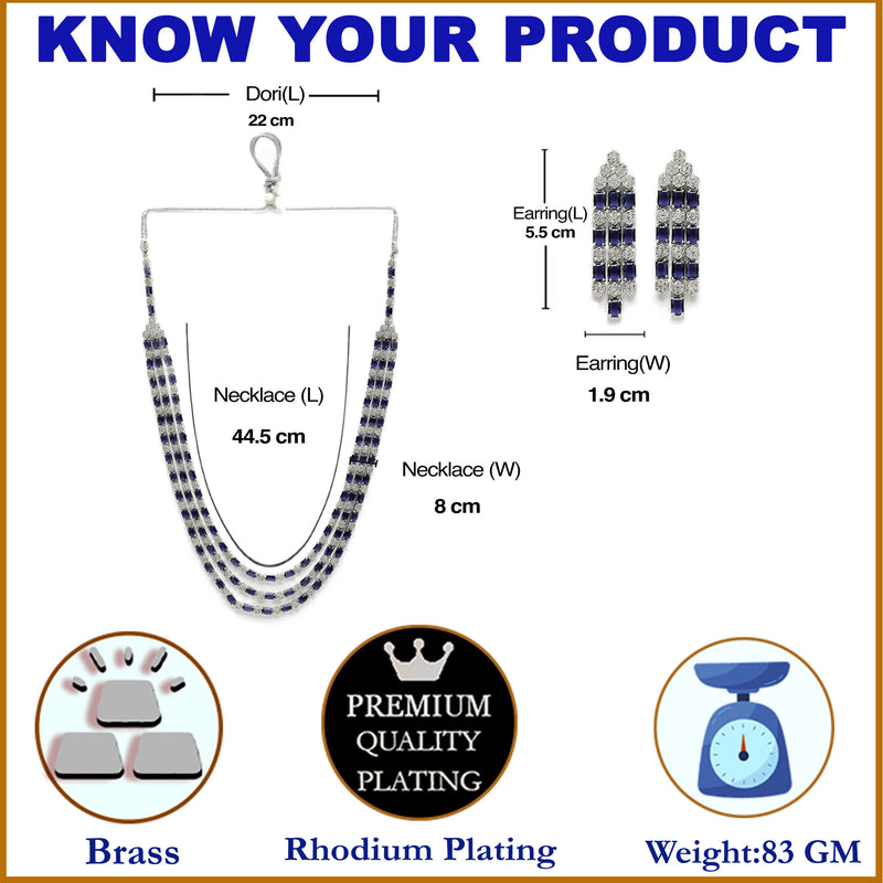Rhodium-Plated Navy Blue American Diamond Studded Layered Necklace & Earrings Jewellery Set