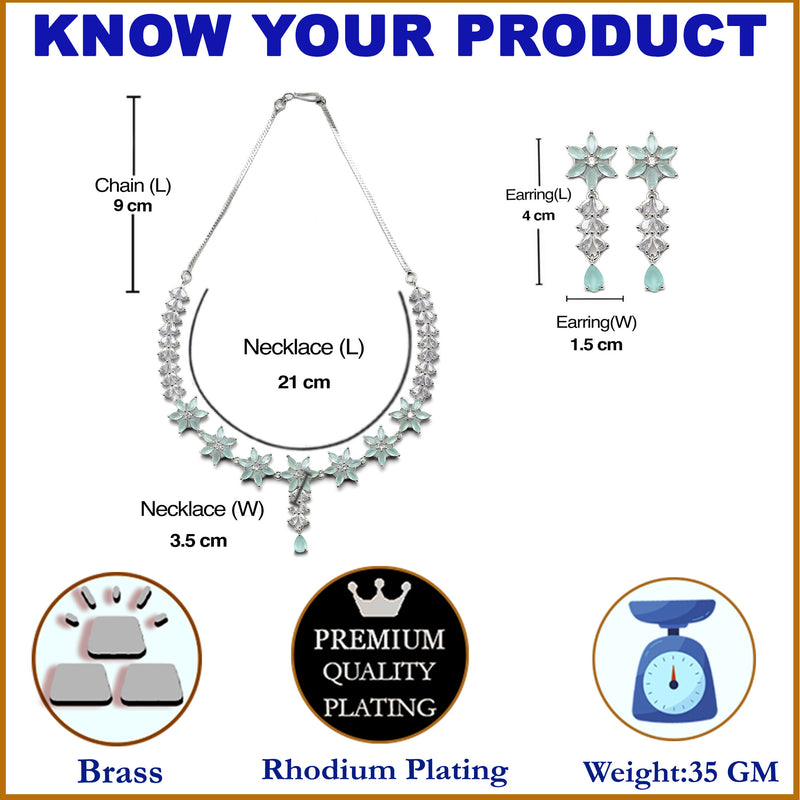 Rhodium-Plated Silver Toned Star Green American Diamond Studded Necklace Earrings Jewellery Set